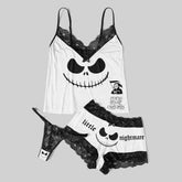 Wonder Skull "Little Nightmare" Sleepwear Set features playful skull designs and elegant lace details for a whimsical yet sophisticated look. Made from high-quality materials, it offers comfort and durability, perfect for lounging and sleeping. This stylish set is a must-have for a unique nighttime wardrobe.